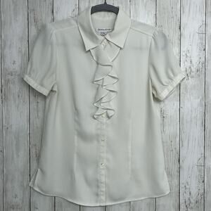 Pendleton White Ruffle Short Sleeve Sheer Button Collared Coquette Fairy Blouse